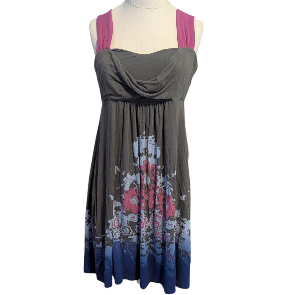 Vintage Y2K Babydoll Dress Fairy Boho Twee‎ Stretch Grey Pink Floral Size Large